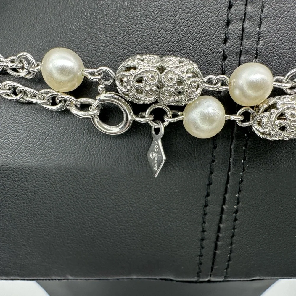 SIGNED SARAH COVENTRY vintage long Pearl silver Necklace Classic Timeless